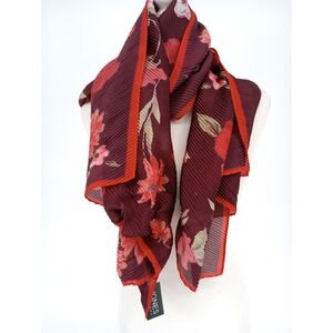 Jones New York Scarf Womens Burgundy Red Floral Pleated Lightweight Wrap Scraf